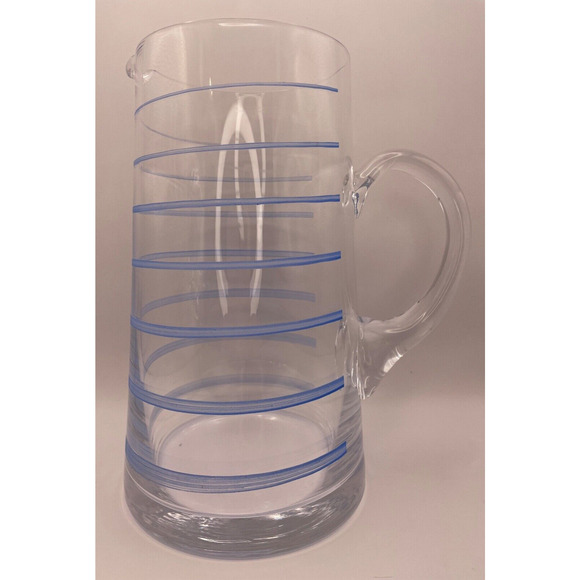 Vintage Heavy Glass Pitcher with Blue Stripes Pre-owned - Picture 1 of 5